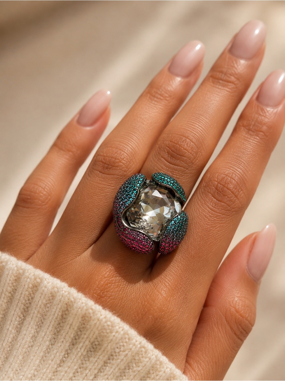 Swarovski Two-Tone Teal and Pink Crystal Cocktail Ring
